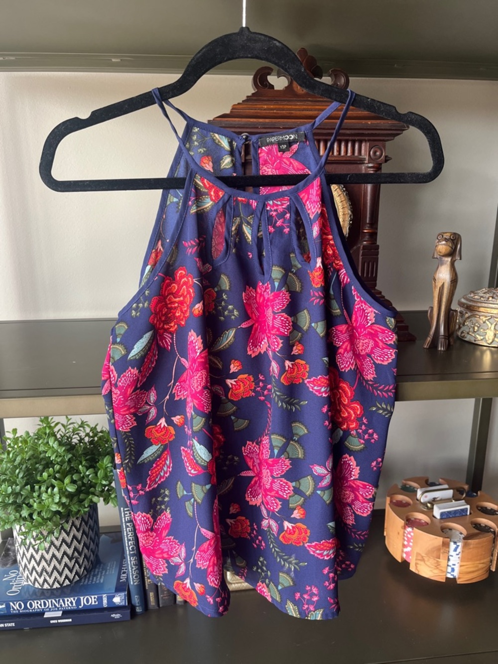 Paper moon Navy Floral Halter Tank with Pink and Red Blooms
